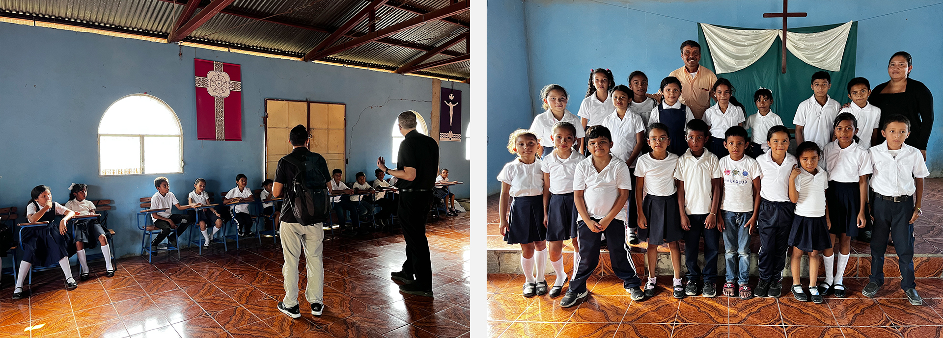 Pastor speaking to group of children at Lutheran Day School.
