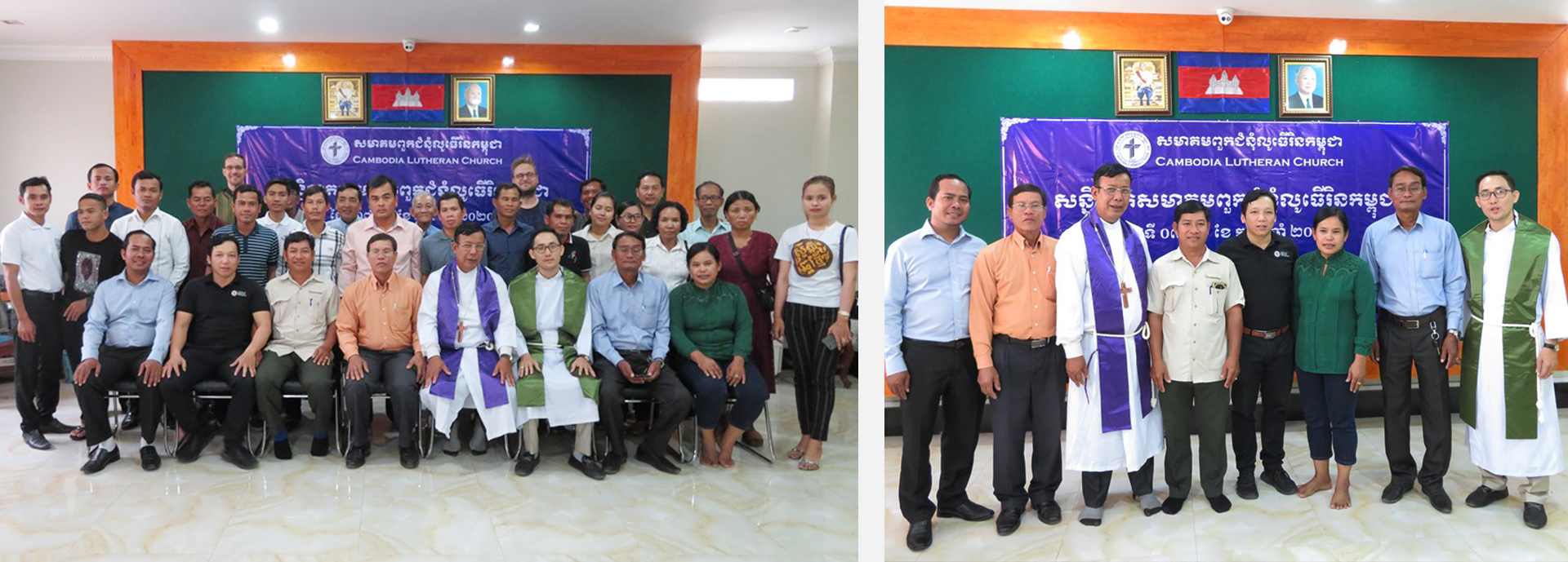 People gathered in front of Cambodia Lutheran Church banner.