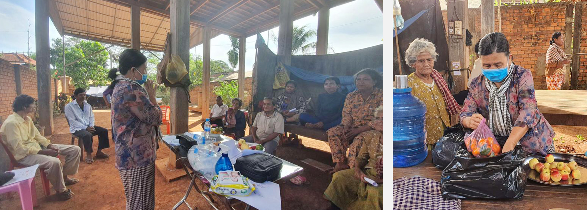 Woman praying and packing food.