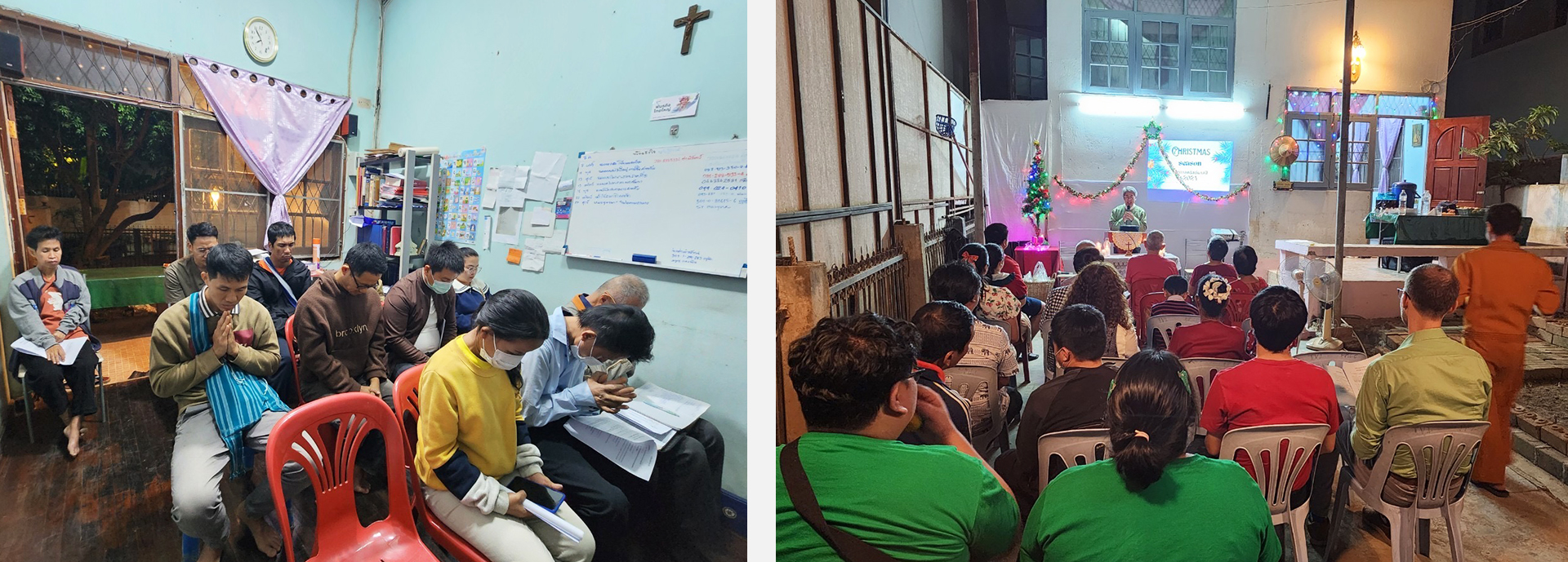 People praying and pastor leading worship.