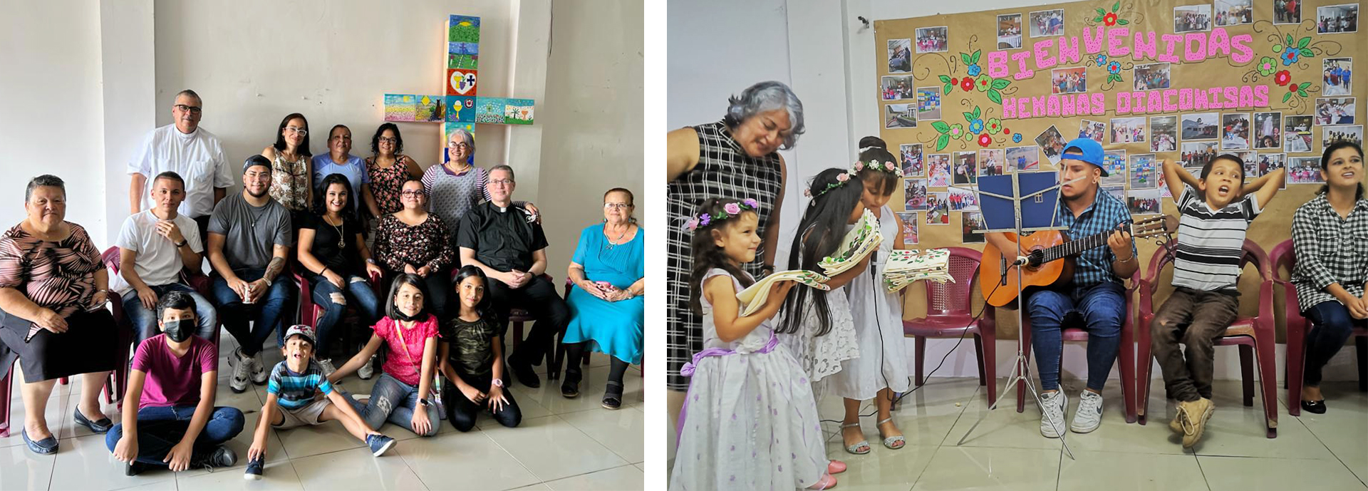 Adults and children gathered together for study and for music.