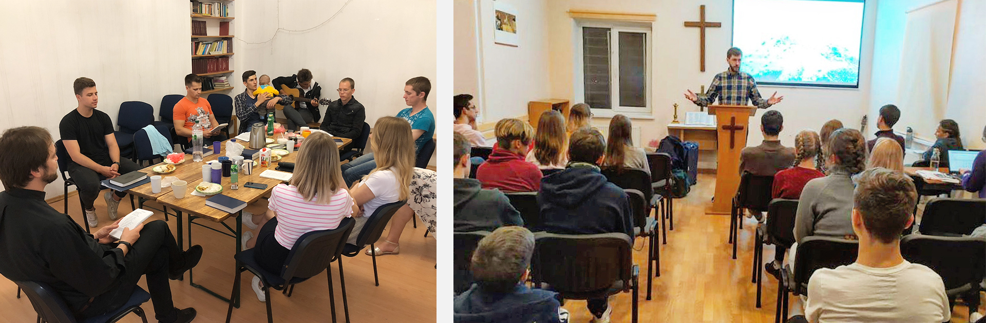 People gather for Bible study and for worship.