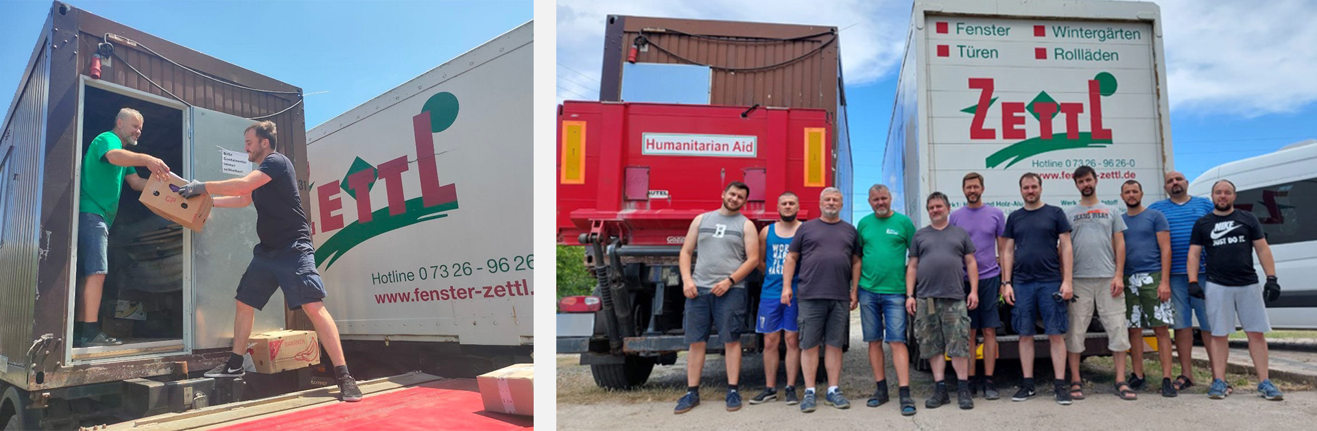 Men unload boxes of humanitarian aid from a truck.